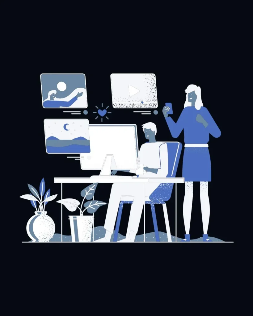 Illustration of a freelance digital marketer in Dubai managing digital content, social media, and online campaigns at a workstation.